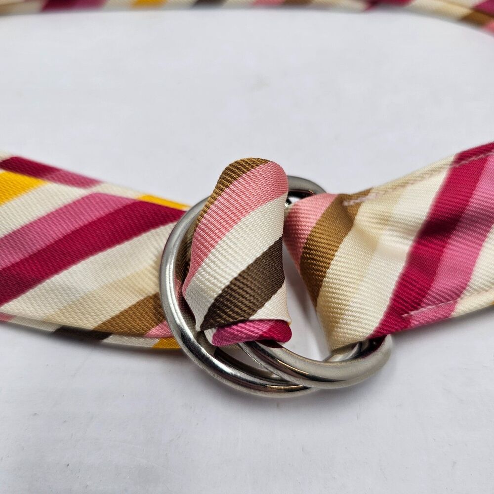 J Crew Striped Silk Ribbon Belt Womens M/L D Ring Buckle Pink Y2K Preppy 46 In - Picture 4 of 5